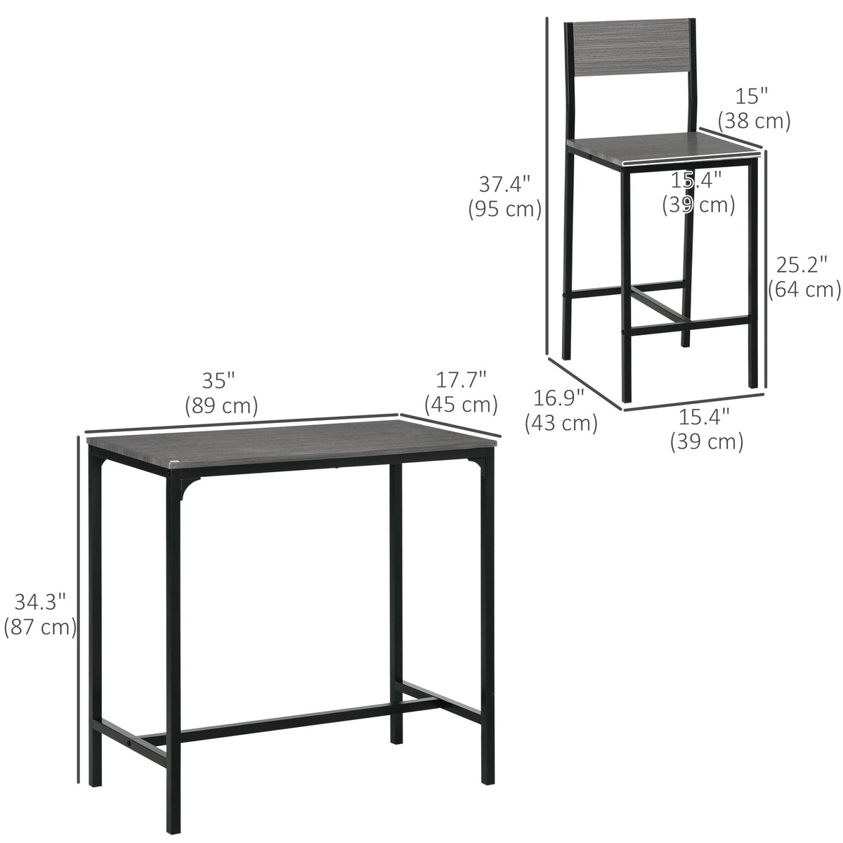 Industrial Bar Table Set Counter Height 3 Piece and 2 High Back Stools Set Dining Table Set Natural Wood
