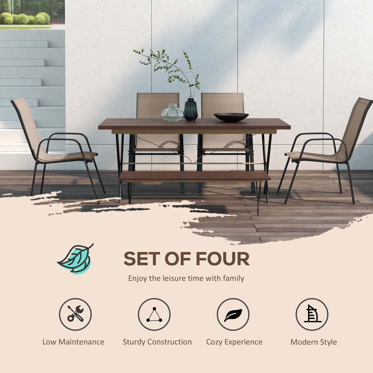 Set of 4 Outdoor Dining Chairs, Heavy Duty Stackable Patio Dining Set with Armrests for Balcony Garden, Brown and Black
