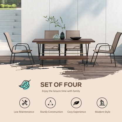 Set of 4 Outdoor Dining Chairs, Heavy Duty Stackable Patio Dining Set with Armrests for Balcony Garden, Brown and Black