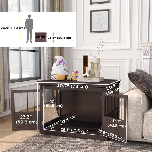 31" Dog Crate Furniture End Table with Three Doors for Small Dogs, Coffee