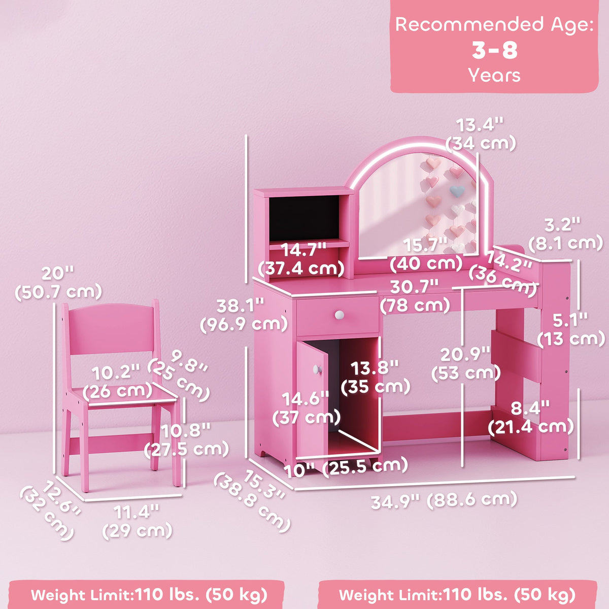 Kids Vanity Set, Toddler Dressing Table and Chair Set with Lighted Mirror, Cabinet, Drawer and Shelves, Pink