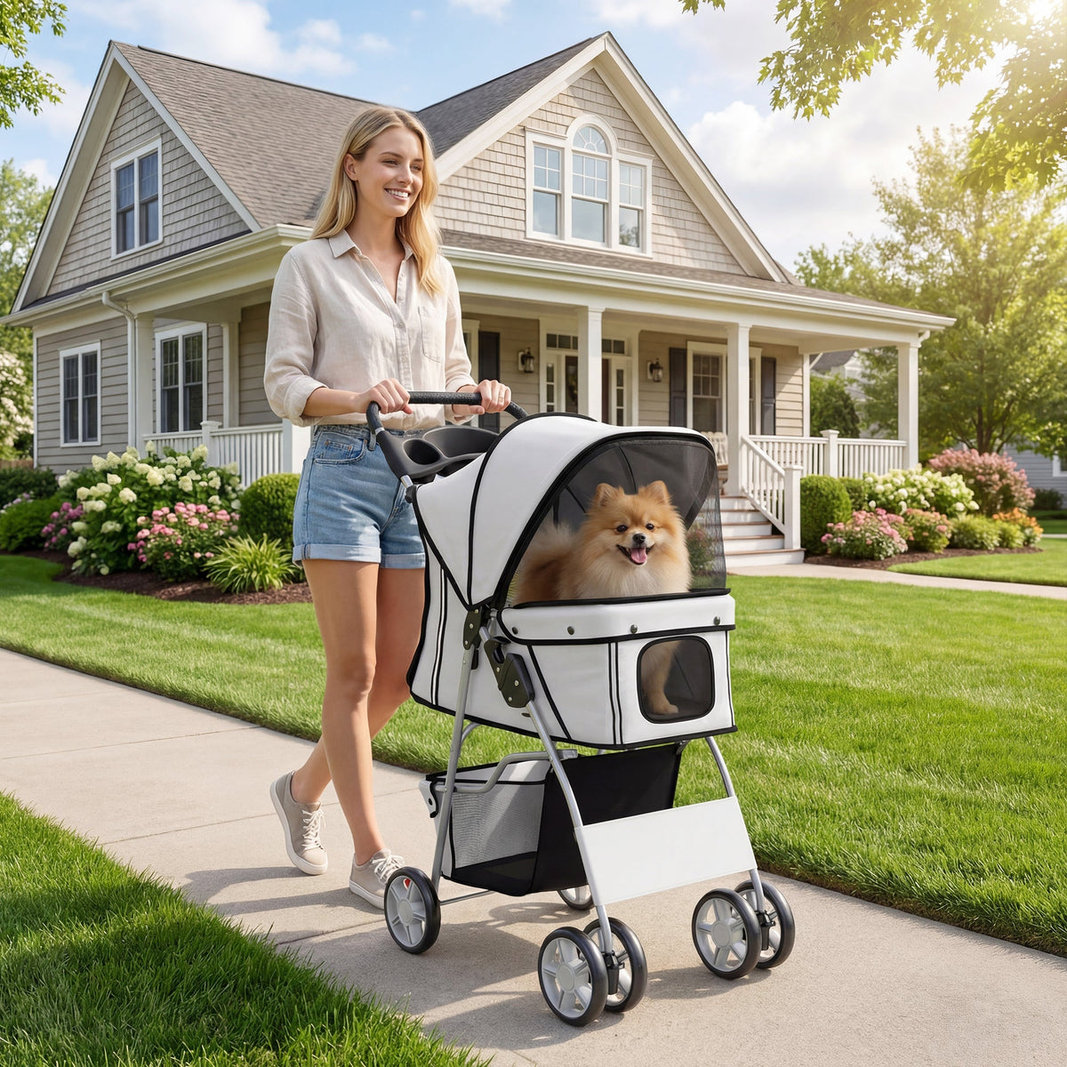 Pet Stroller with Reflective Strips, Foldable Cat Stroller with 360° Swivel Wheels for Small Dogs and Cats, Blue