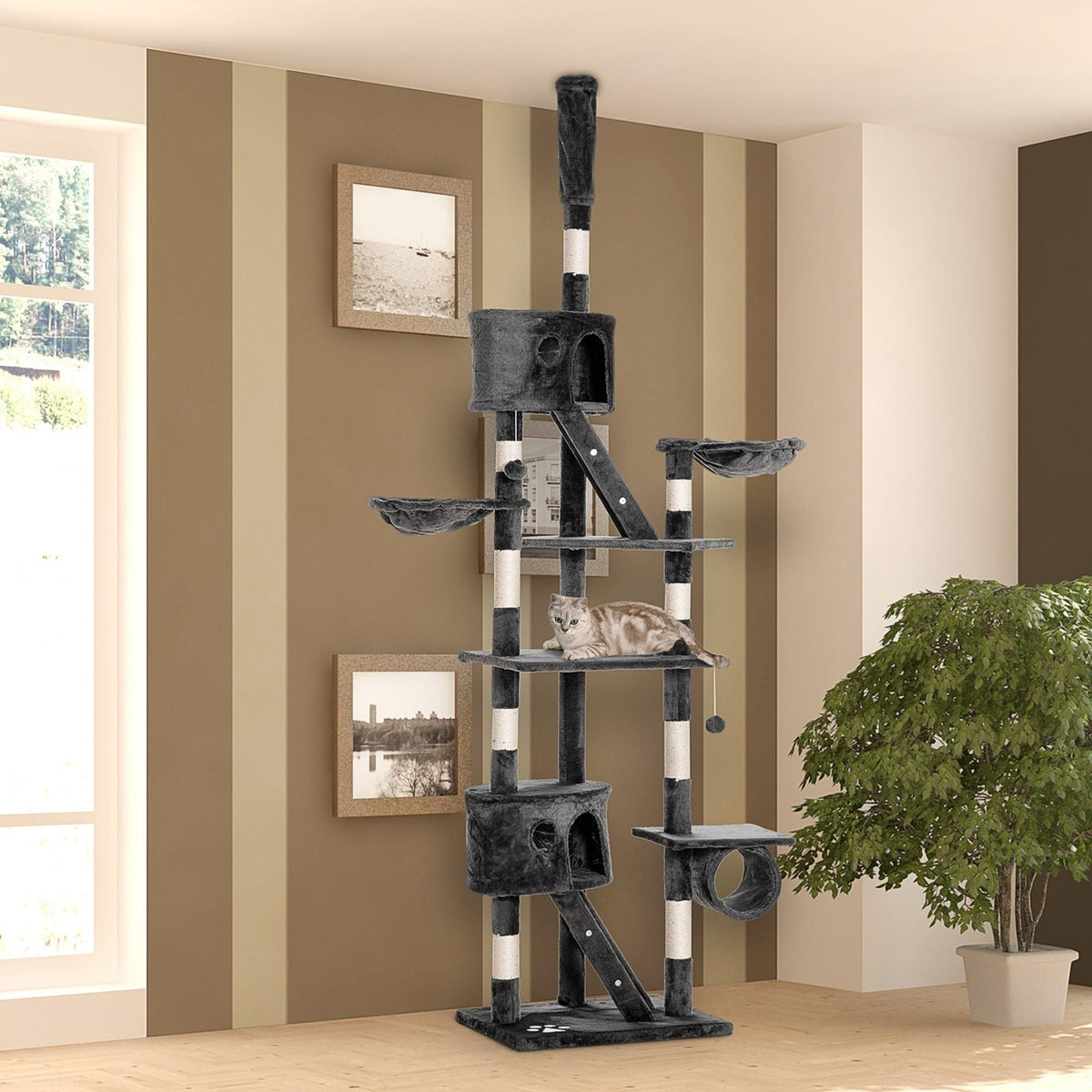 94"-102" Huge Cat Tree Ceiling High Cat Condo Scratching Post Activity Center Multi-Level Play House Light Grey
