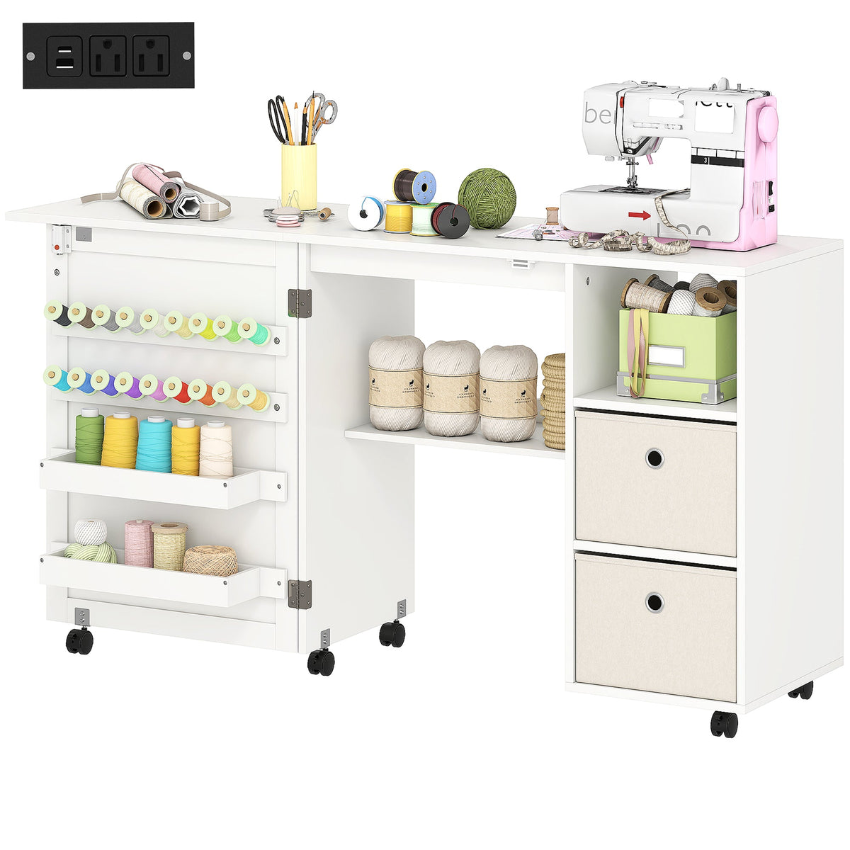 Rolling Sewing Machine Table with Power Outlet, Folding Craft Table with 2 Fabric Drawers, 2 Bins and 18 Pegs, Black
