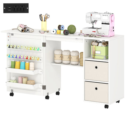 Rolling Sewing Machine Table with Power Outlet, Folding Craft Table with 2 Fabric Drawers, 2 Bins and 18 Pegs, Black