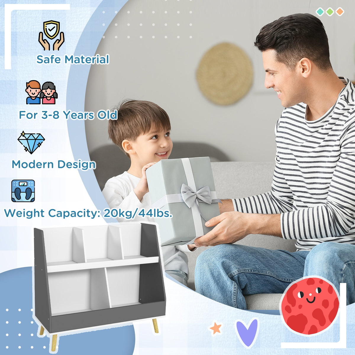 2 Tier Kids Toy Storage Organizer with 5 Compartments, Anti-tip Device, for Nursery, Playroom, Grey