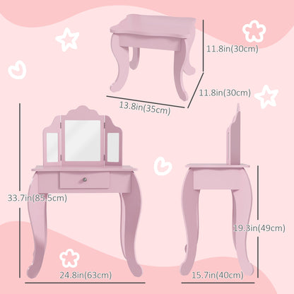 Kids Vanity Table and Stool, Makeup Vanity Girls Dressing Table Set with Tri-folding Mirrors Drawer Star and Heart Pattern, Pink