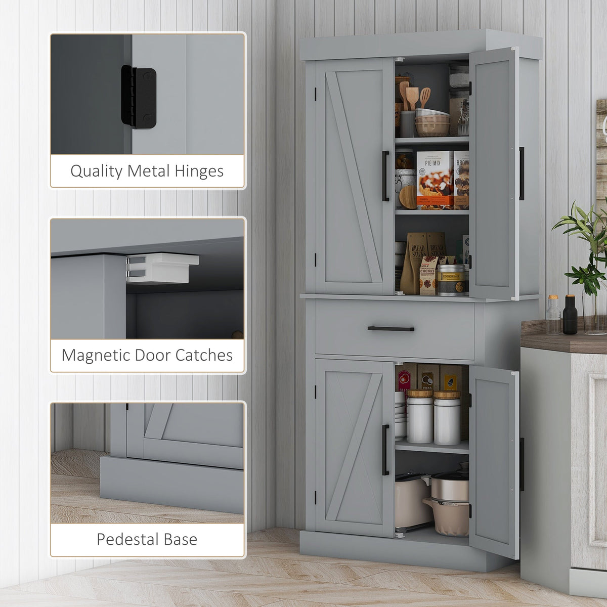 72" Kitchen Storage Cabinet, Farmhouse Kitchen Pantry Cabinet with 4 Barn Doors, Drawer, Adjustable Shelves, Black