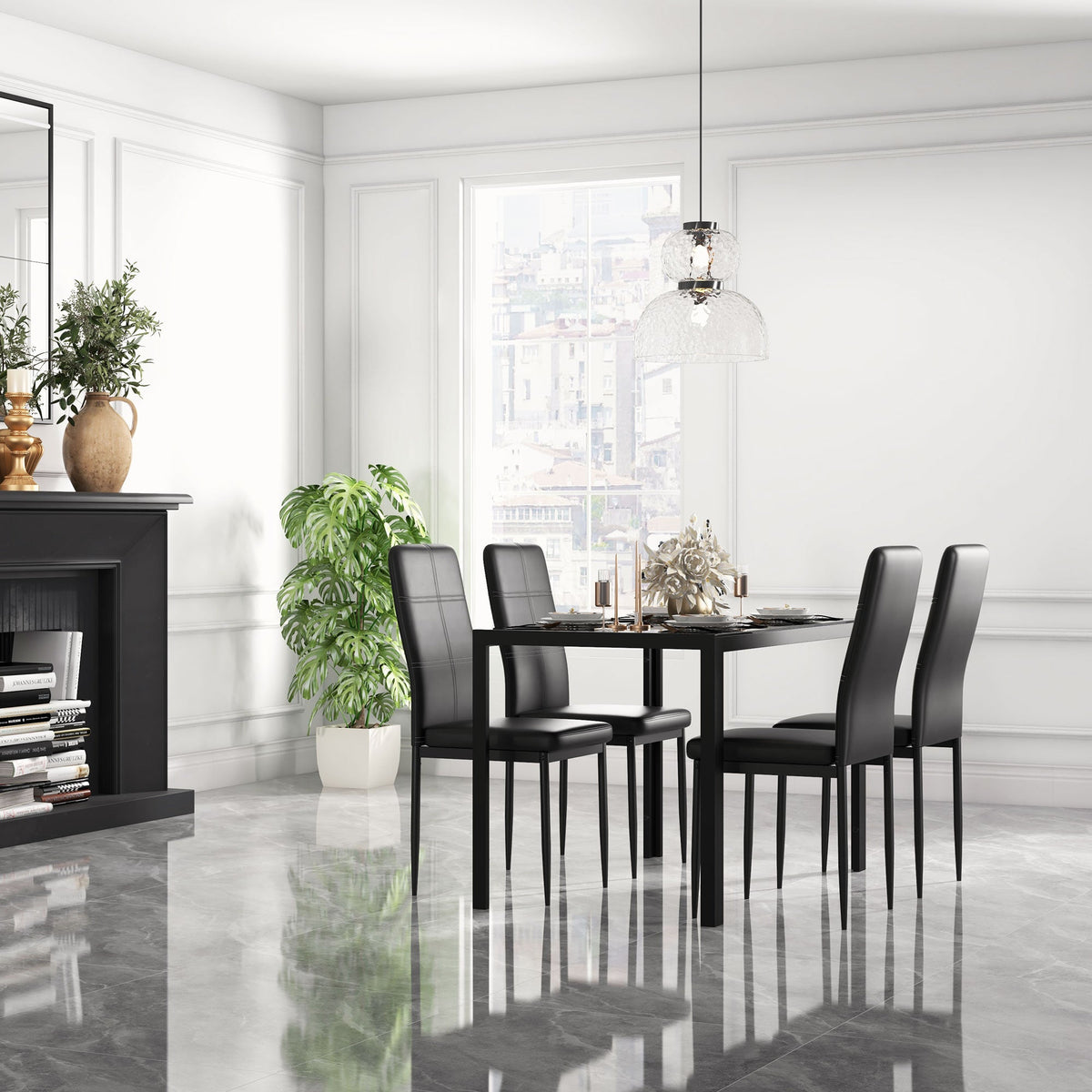 Zaya 5-Piece Rectangular Glass Dining Set for Small Spaces-Black
