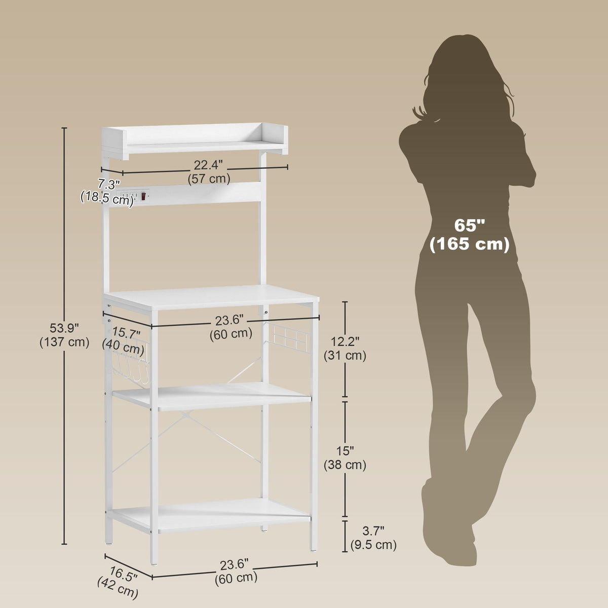 Kitchen Baker's Rack with Power Outlet, Coffee Bar Station with Adjustable Shelves and Hooks, Distressed Grey