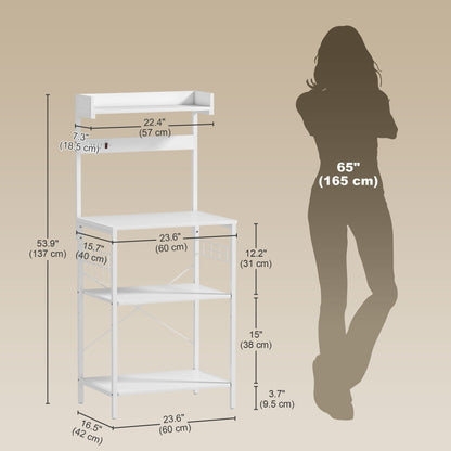 Kitchen Baker's Rack with Power Outlet, Coffee Bar Station with Adjustable Shelves and Hooks, Distressed Grey