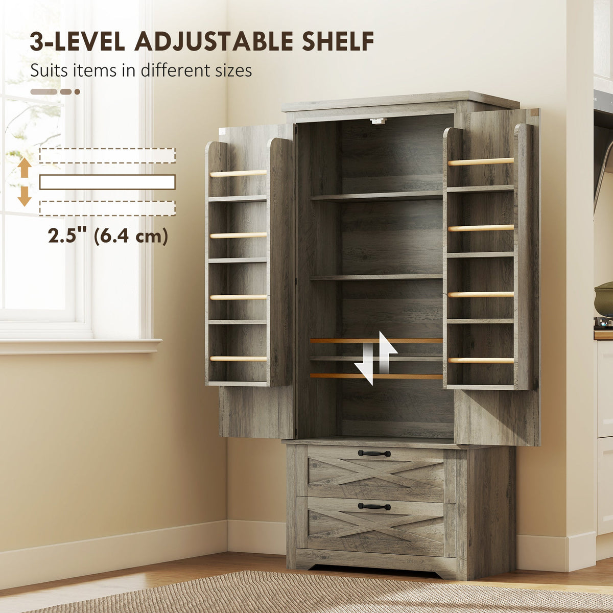 Farmhouse Kitchen Pantry Storage Cabinet, 64" Freestanding Kitchen Pantry Cabinet with Drawers, Distressed Black