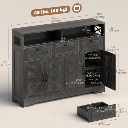 Sideboard, Buffet Cabinet with 4 Barn Doors and 3 Drawers, Coffee Bar Cabinet with Adjustable Shelves, Black