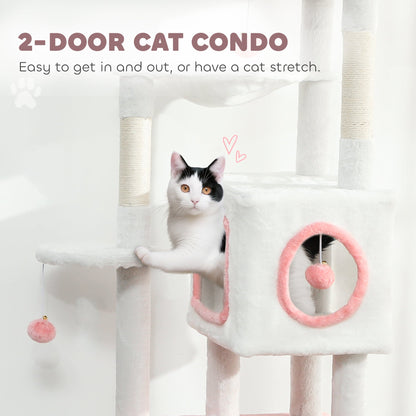 65 Inch Cat Tree with 2 Doors Condos, Plush Top Perch, Hammock, Sisal Scratching Posts, 4 Pompoms, Ramp, Grey