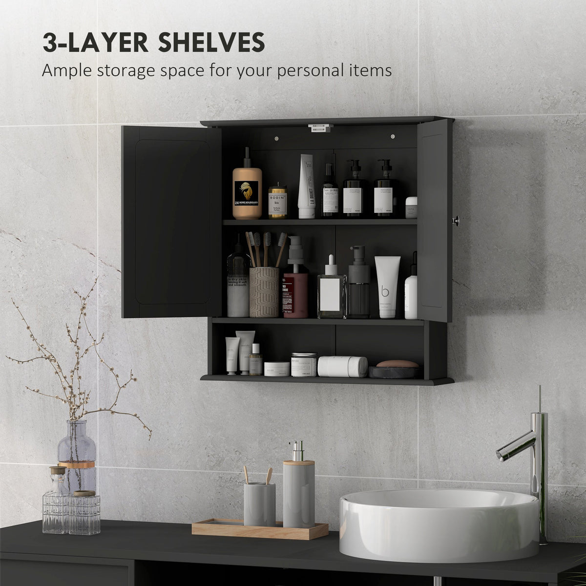 Medicine Cabinet, Wall-Mounted Bathroom Mirror Cabinet with Double Doors, Open Shelf, and Adjustable Shelf, Modern Bathroom Wall Cabinet, White