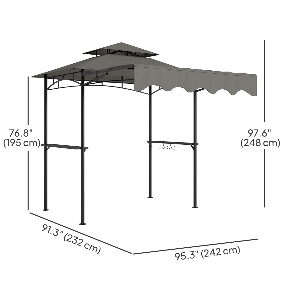 8' x 7.6' Grill Gazebo, Double Tiered Barbecue Grill Gazebo Shelter w/ Side Awning, 2 Side Shelves, 6 Hooks, Beige