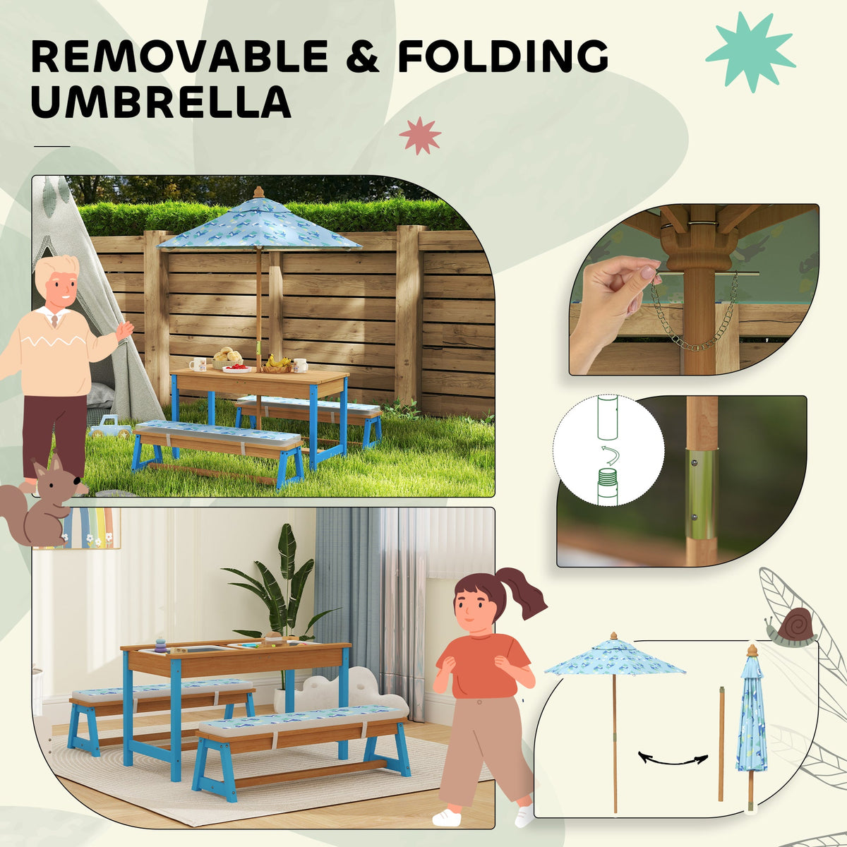 Kids Picnic Table and Bench Set with Removable Umbrella, Cushions & Boxes, Dinosaur Theme for Outdoor, Blue