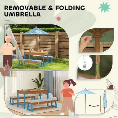 Kids Picnic Table and Bench Set with Removable Umbrella, Cushions & Boxes, Dinosaur Theme for Outdoor, Blue