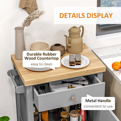 Kitchen Cart on Wheels, Rolling Kitchen Island Cart with Wood Top, Towel Rack, Drawer and Shelf for Dining Area, Grey