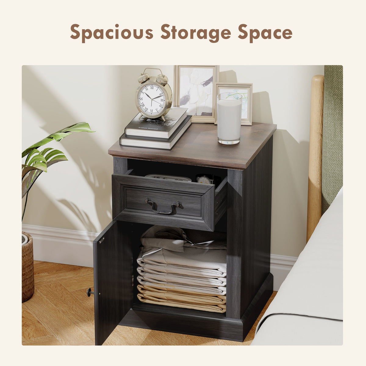 Side Table Set of 2, End Tables with Drawer and Cabinet, Nightstands for Small Spaces, Living Room, Black