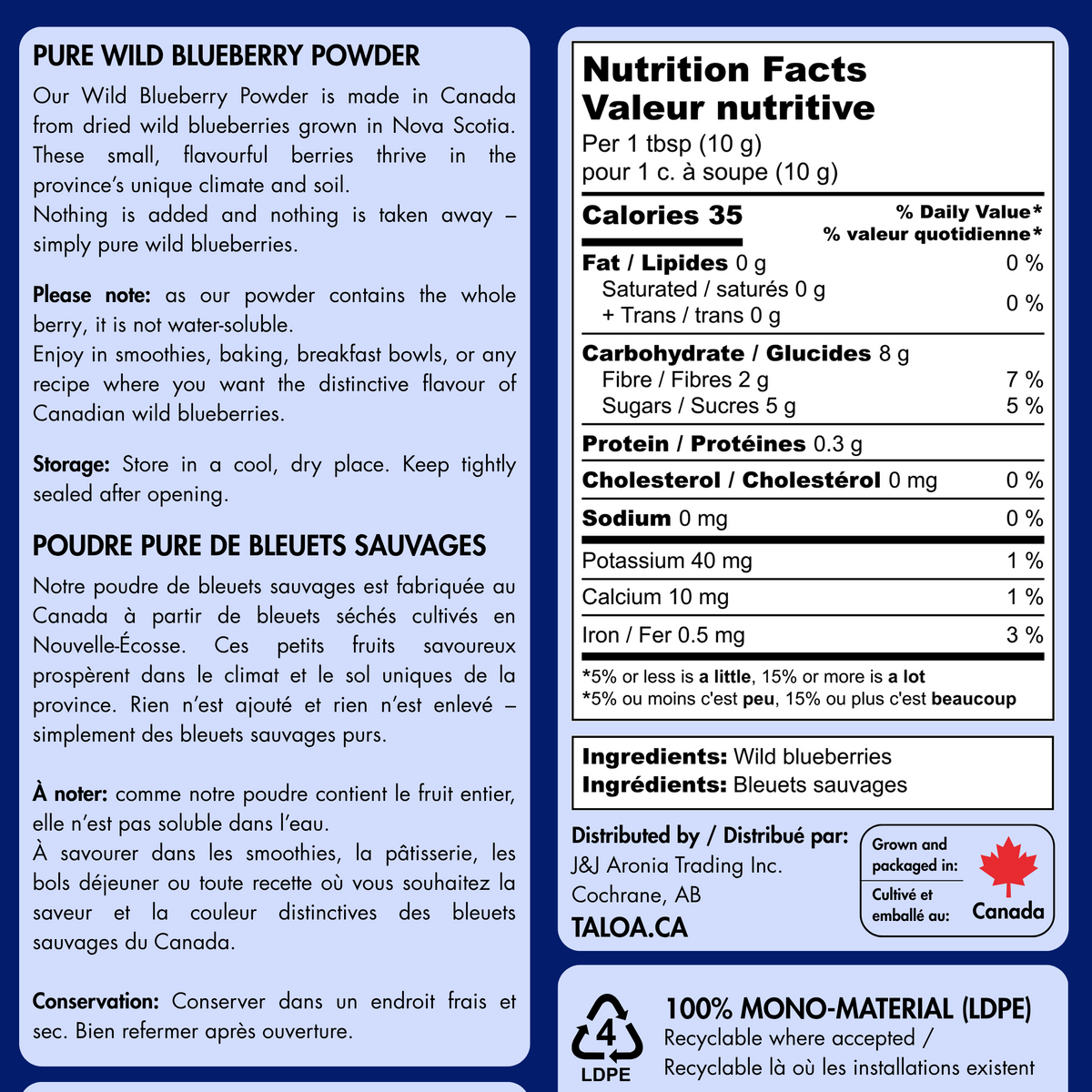 Wild Blueberry Powder 150 g - Made in Canada