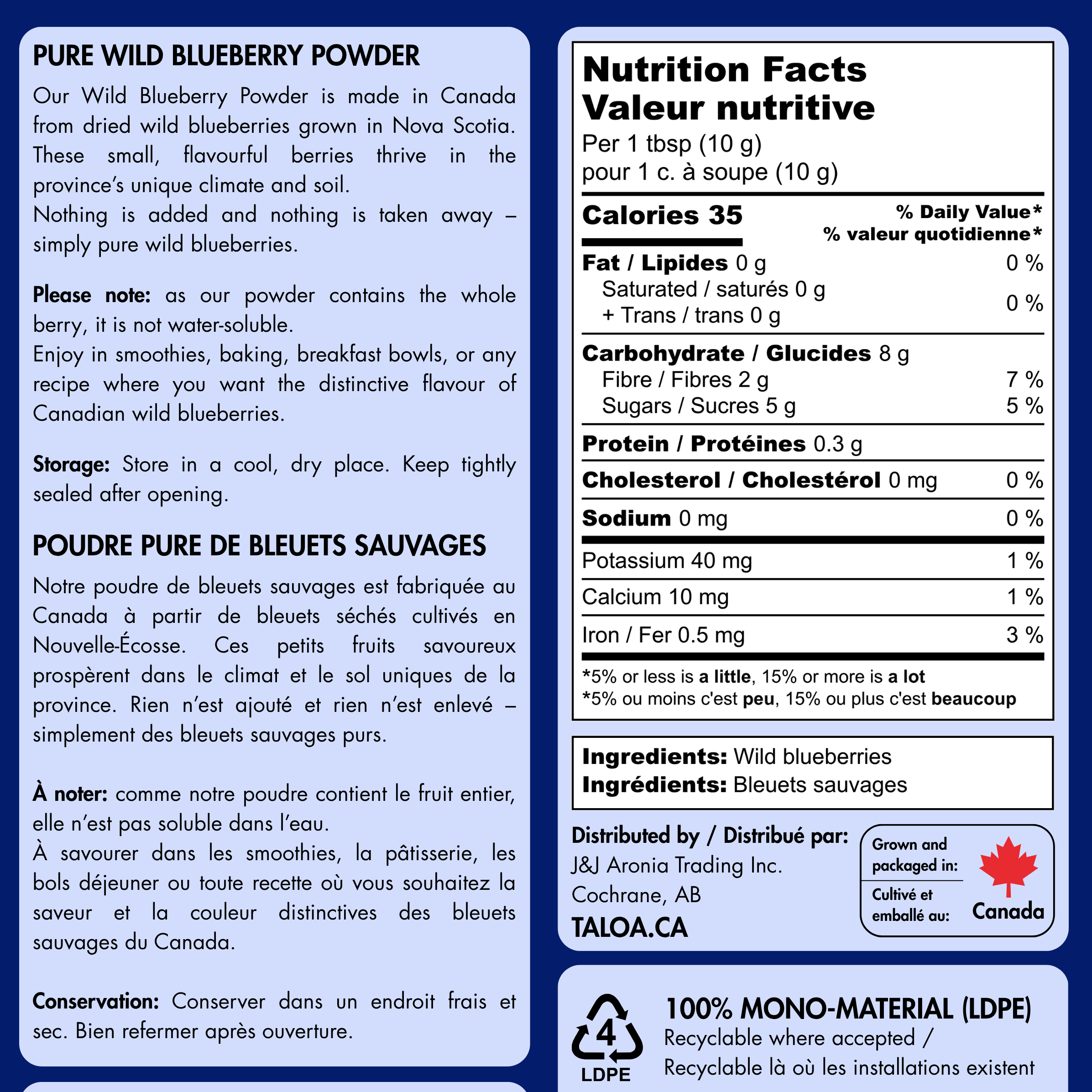 Wild Blueberry Powder 150 g - Made in Canada