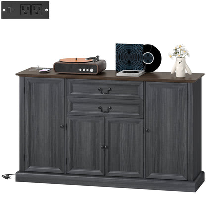 Farmhouse Sideboard with Charging Station and Thickened Top, 58" Buffet Cabinet with 2 Soft-Close Drawers, Black