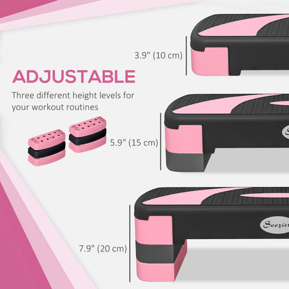 Adjustable Aerobic Stepper, Exercise Step Platform, Step Exercise Trainer, Workout Fitness Yoga Risers, 4"-6"-8", Pink