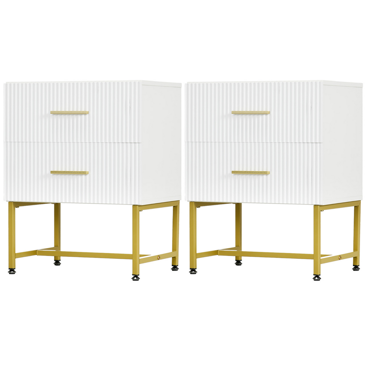 2 Pieces Nightstands with Storage, Modern Bedside Tables with 2 Fluted Drawers and Gold Legs for Bedroom, Black