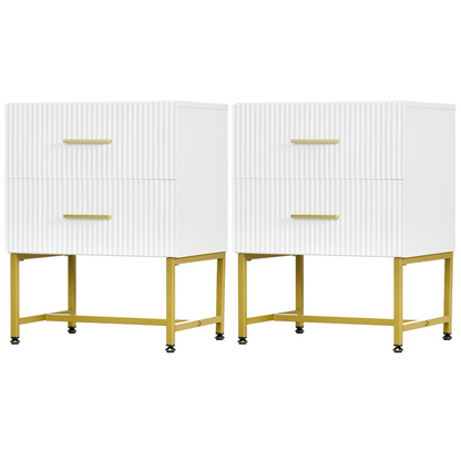 2 Pieces Nightstands with Storage, Modern Bedside Tables with 2 Fluted Drawers and Gold Legs for Bedroom, Black