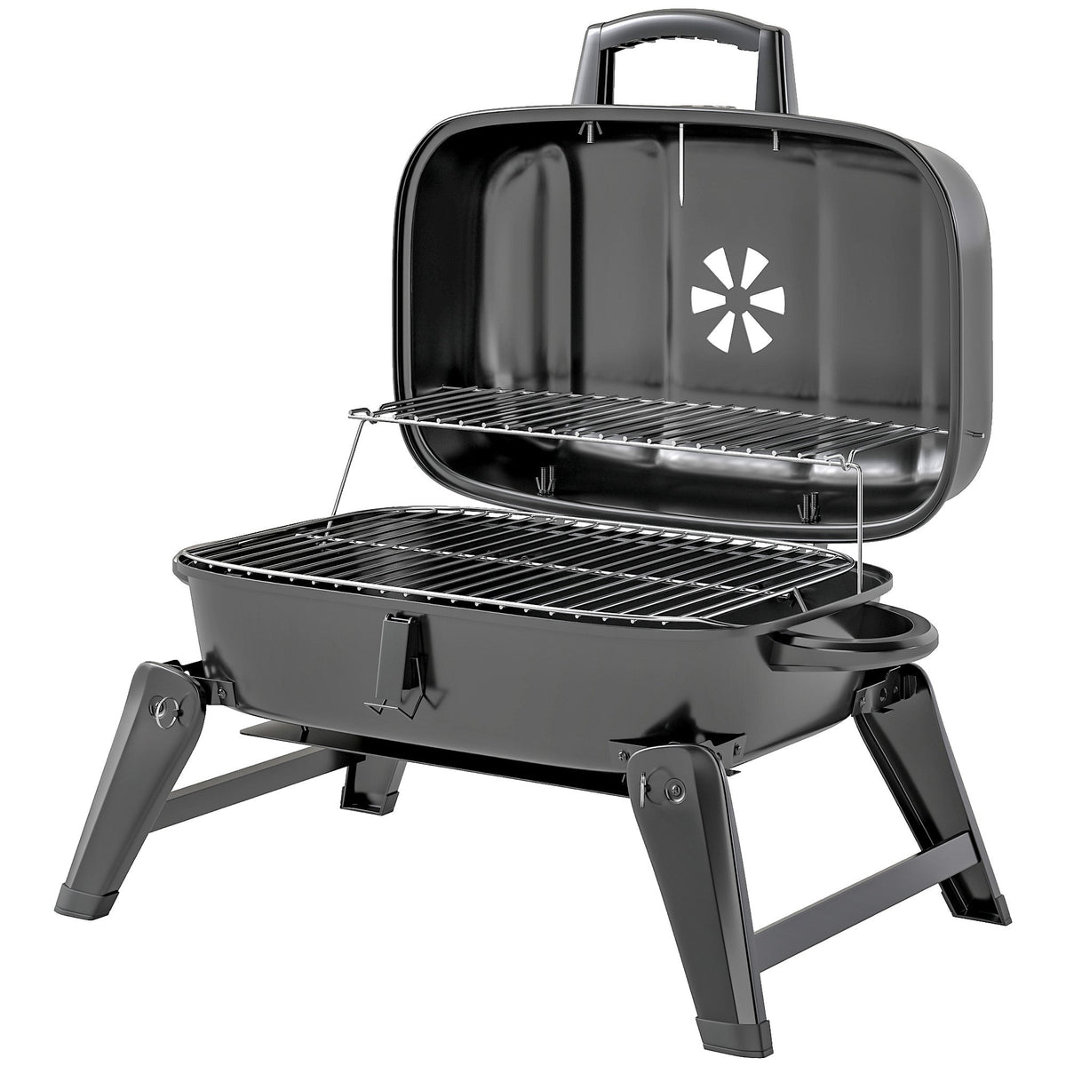 Charcoal BBQ Grill, Foldable Barbecue Grill with Warming Rack, Adjustable Vent, Thermometer, Handles, Black