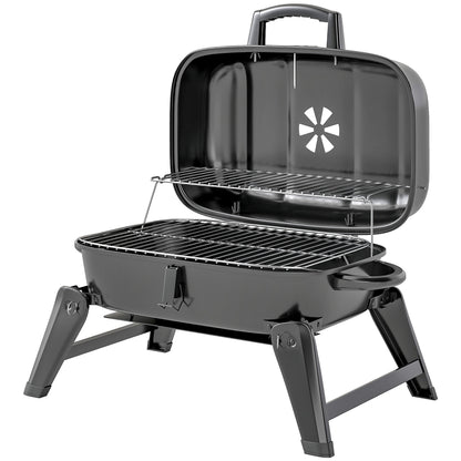 Charcoal BBQ Grill, Foldable Barbecue Grill with Warming Rack, Adjustable Vent, Thermometer, Handles, Black