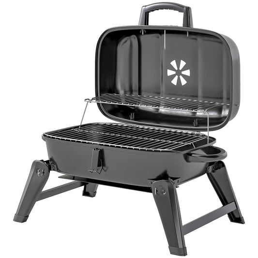Charcoal BBQ Grill, Foldable Barbecue Grill with Warming Rack, Adjustable Vent, Thermometer, Handles, Black