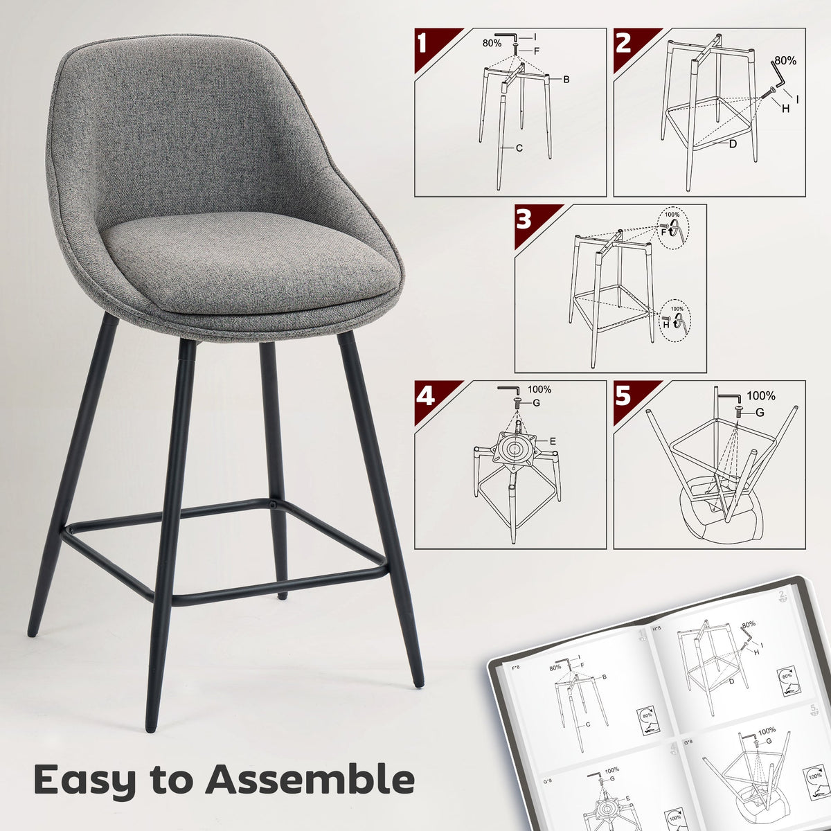 Reece 26" Counter Height Stools with Swivel and Backrest-Set of 2-Dark Grey