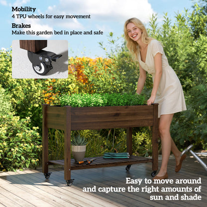 Mobile Raised Garden Bed Elevated Wood Planter Box with Lockable Wheels, Storage Shelf for Herbs Vegetables, Natural