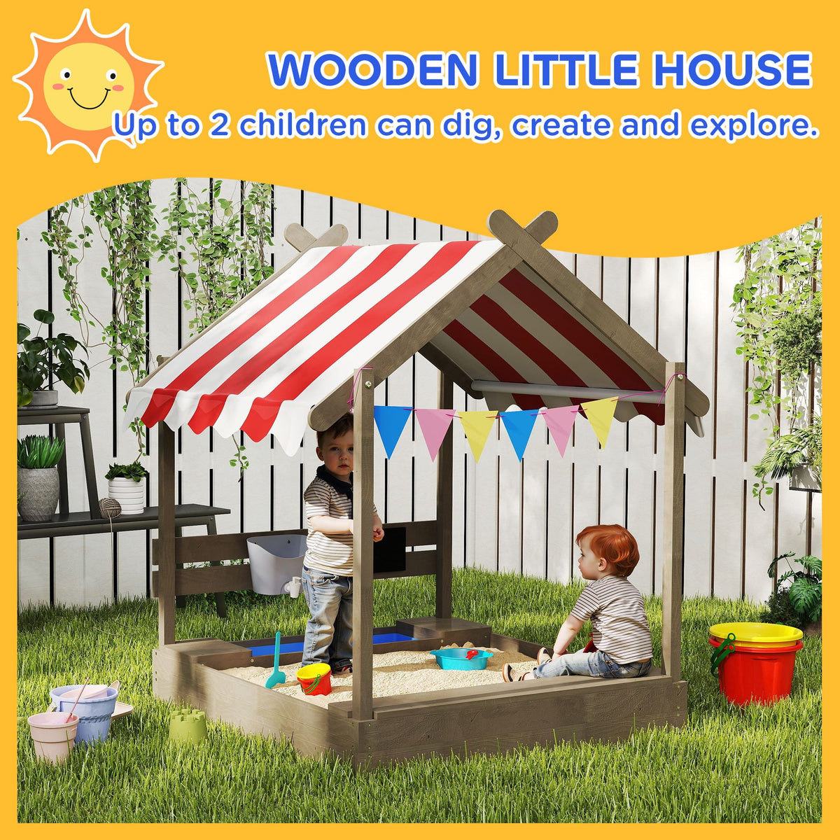 Outdoor Wooden Sandbox with Cover for 3-7 Years Old, Backyard, Brown