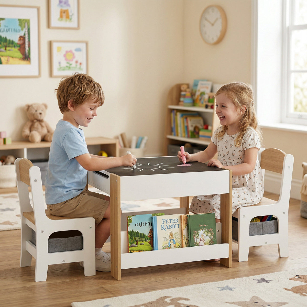 3 Piece Kids Table and Chair Set with Reversible Tabletop, Blackboard, Storage, Bookshelf, for Playroom, Nursery, Grey