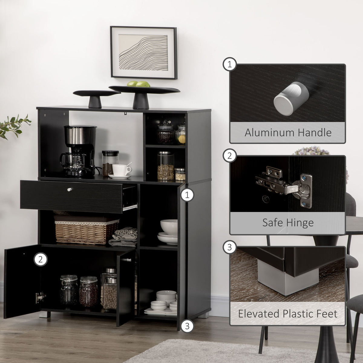 Compact Kitchen Pantry Cabinet Server Hutch Storage Buffet with Microwave Oven Stand Drawer and Shelves, White