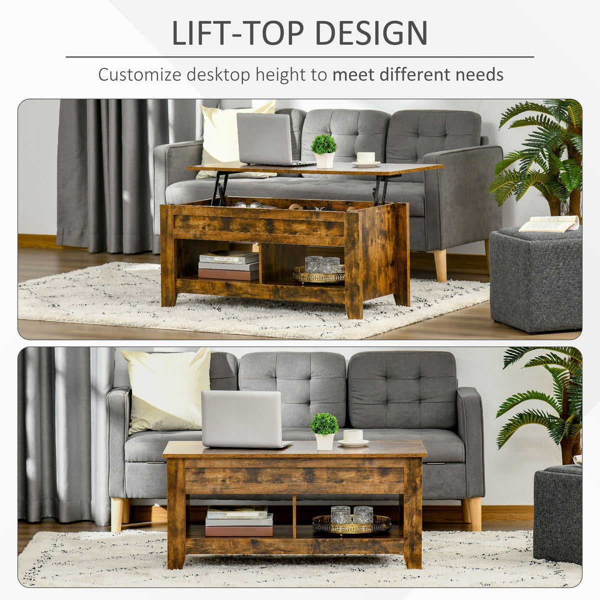 Lift Top Coffee Table with Hidden Storage Compartment and Open Shelves, Lift Tabletop Pop-Up Center Table for Living Room, Dark Walnut