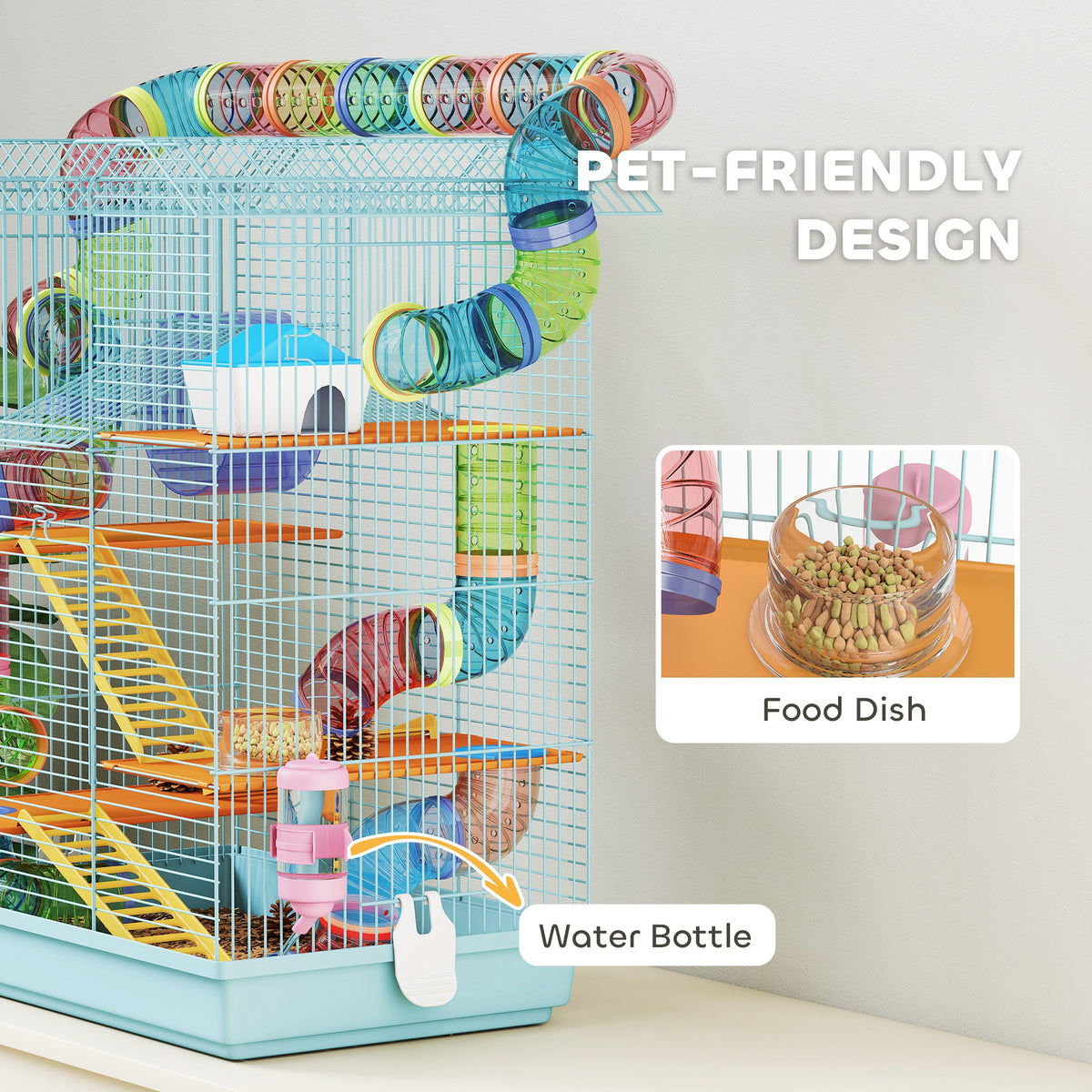 18.5" Hamster Cage, 5 Tiers Small Animal House with Tunnel Tube System, Exercise Wheel, Water Bottle, Blue