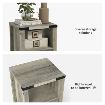 Side Table with Storage, Farmhouse End Table with Drawer, Open Shelf and Barn-style Panel, Nightstand for Living Room, Bedroom, Oak