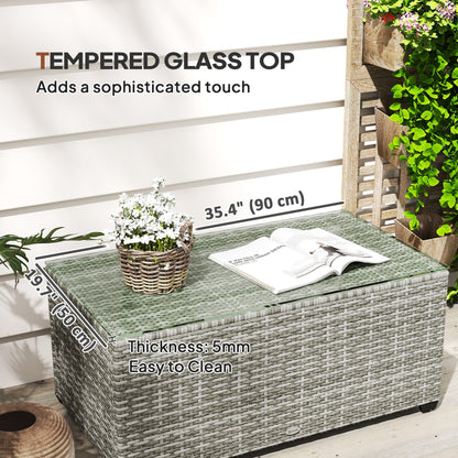 Wicker Outdoor Coffee Table, PE Wicker Rectangular Patio Table with Tempered Glass Top for Garden, Balcony, Dark Grey