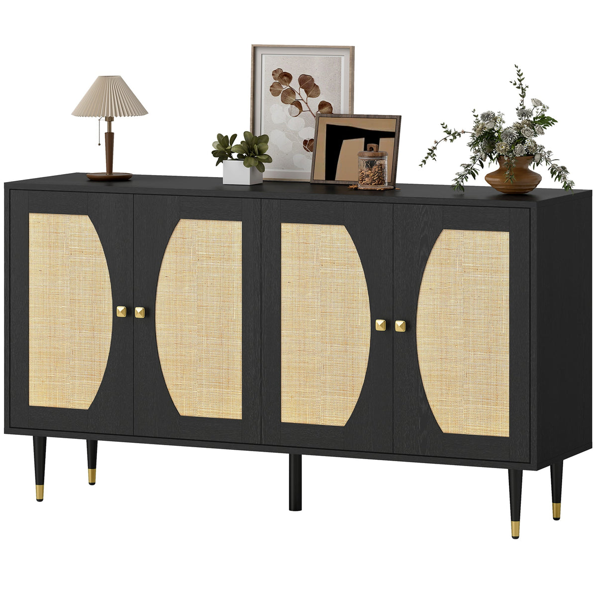 55" Sideboard Buffet Cabinet, Boho Storage Cabinet with Adjustable Shelves, Soft Close Doors and Rattan Front, Black