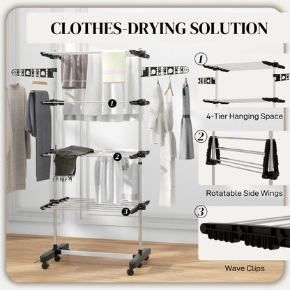 Garment Drying Rack Stainless Steel Folding Clothes Hanging Rack with Side Wings Castors for Indoor Outdoor Black