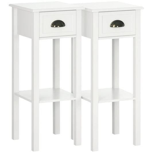 2 Tier Side Table, Set of 2, Narrow Tall End Table with Drawer and Shelf, Slim Wooden Nightstand for Living Room, Bedroom, Hallway, White