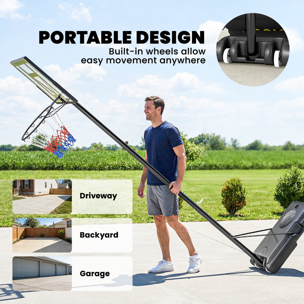 Basketball Hoop Stand Outdoor, 4.4–10 ft Single Hand Rotation Adjustable with Shatterproof Backboard & Weight Bag
