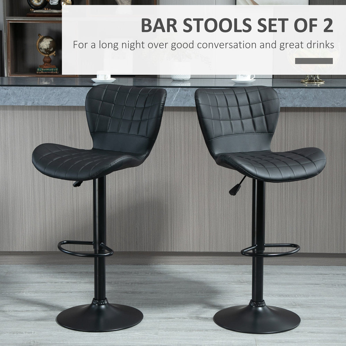Avion Counter/Barstools with Adjustable Height and Swivel-Set of 2-Black