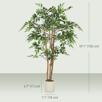 4FT Artificial Banyan Tree Set of 2, Fake Potted Tree with Solid Wood Trunk and Pot for Indoor