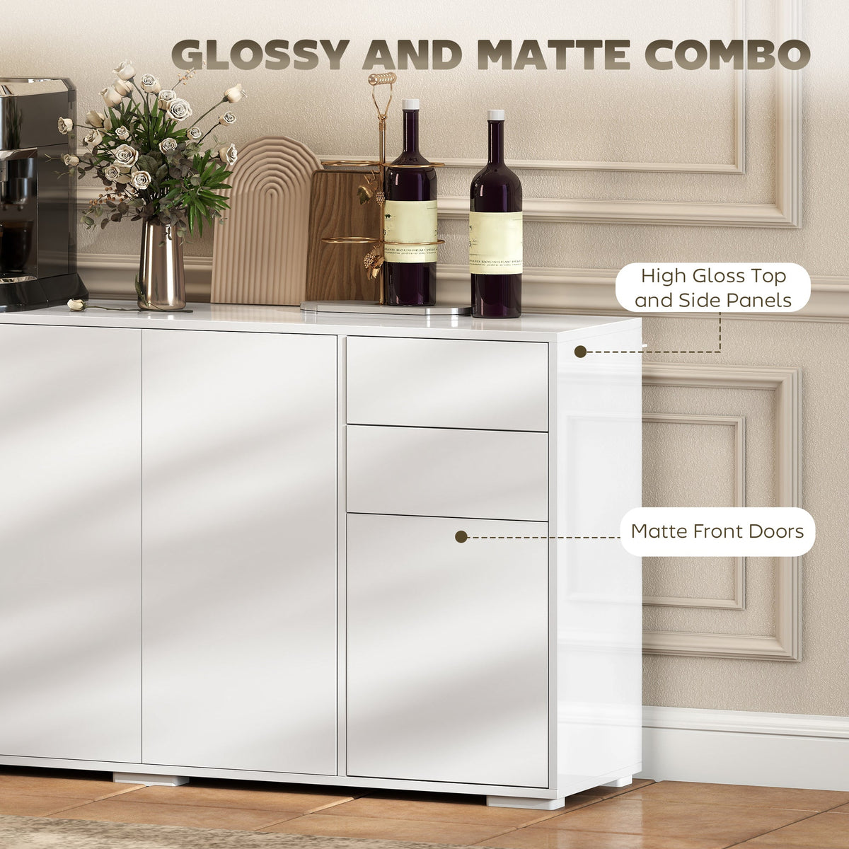 Kitchen Sideboard Storage Cabinet, Modern Coffee Bar with Push-Open Design and 2 Drawers for Living Room, White