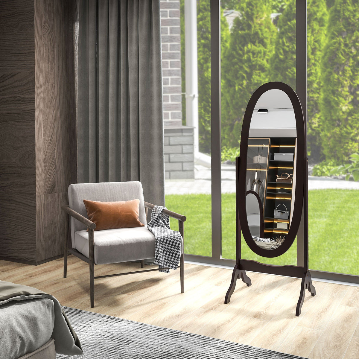 Floor Standing Mirror Full Length Mirror with Adjustable Angle Oval Frame for Dressing Room Bedroom Living Room White